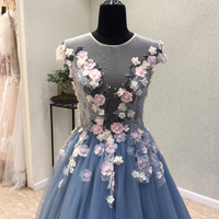 Blue tulle see through back long 3D lace flower evening dress, long senior prom dress with cap sleeves,635 - Thumbnail 1