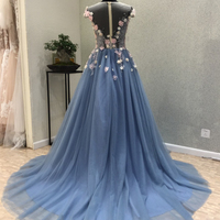 Blue tulle see through back long 3D lace flower evening dress, long senior prom dress with cap sleeves,635 - Thumbnail 2