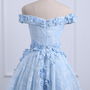 Sweetheart blue lace off shoulder high low homecoming dress, short floral prom dress,636-1