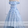 Sweetheart blue lace off shoulder high low homecoming dress, short floral prom dress,636-2