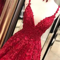 Burgundy tulle v neck long spring prom dress with lace appliqué,637 - Thumbnail 1