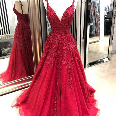 Burgundy tulle v neck long spring prom dress with lace appliqué,637