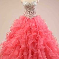 Coral organza sweetheart sequins ball gown dress, prom dress,elegant quinceanera dress,graduation dress,638 - Thumbnail 1