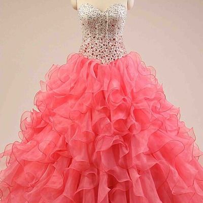 Coral organza sweetheart sequins ball gown dress, prom dress,elegant quinceanera dress,graduation dress,638