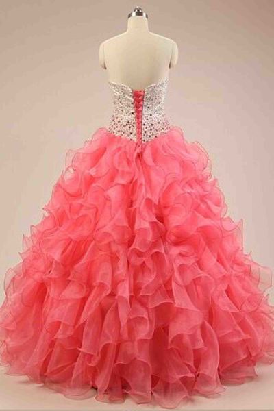 Coral organza sweetheart sequins ball gown dress, prom dress,elegant quinceanera dress,graduation dress,638