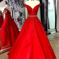 Red Tulle V Neck Off Shoulder Long Beaded Prom Dress, Party Dress,639 - Thumbnail 1
