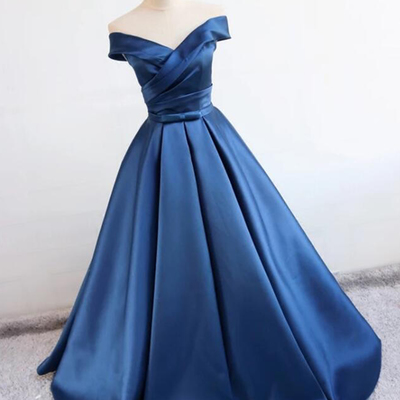 Deep blue v neck long off shoulder prom dress, long satin homecoming dresses,640