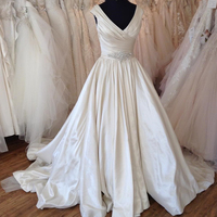 Simple ivory satin V neck customize floor length wedding dress, beaded occasion dress,641 - Thumbnail 1