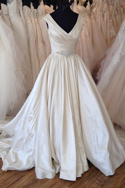 Simple ivory satin V neck customize floor length wedding dress, beaded occasion dress,641