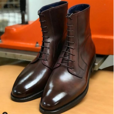 Men brown leather ankle boots with lace up closure, men leather boots - Thumbnail 2