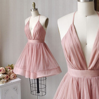 Pink v neck tulle short prom dress party dress - Thumbnail 1