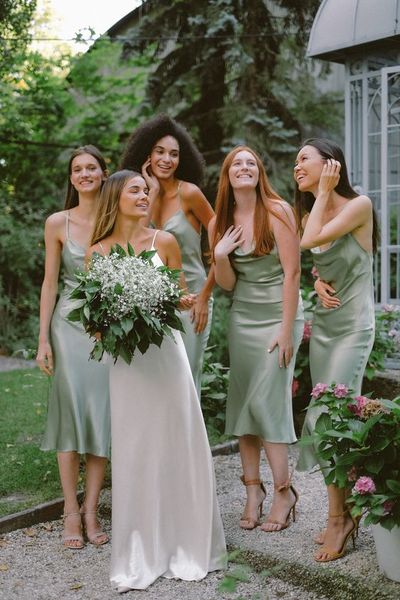Chic Sheath Cowl Neck Sage Silk Satin Tea Length Bridesmaid Dresses Under 100