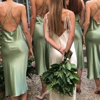 Chic Sheath Cowl Neck Sage Silk Satin Tea Length Bridesmaid Dresses Under 100 - Thumbnail 1
