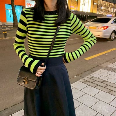 Neon Green Color Block Stripe Slim Knit Top