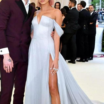 Sp1238,light blue hailey baldwin prom dress with high slit formal pageant holidays wear graduation evening party gown custom made plus size