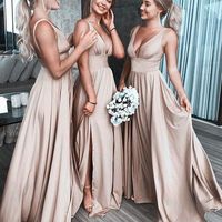 SP1243,Sexy Champagne Satin V Neck Long Prom Dress,Simple Bridesmaid Dress - Thumbnail 1