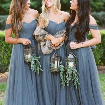 Sp1246,grey tulle off the shoulder bridesmaid dresses,sheath sweetheart long bridesmaid dresses,wedding party gown - Thumbnail 4