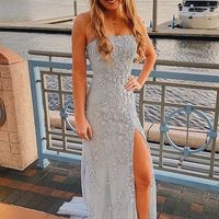 SP1252,Mermaid Lace Prom Dress,Light Blue Applique Evening Dresses with Side Slit - Thumbnail 1