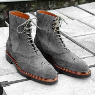 Handmade gray wing tip boot, men's suede lace up ankle boot, formal wear oxford boot - Thumbnail 1