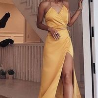 SP1255,Spaghetti Straps Yellow Long Prom Dresses,Sexy V Neck Prom Dress with Side Split - Thumbnail 1