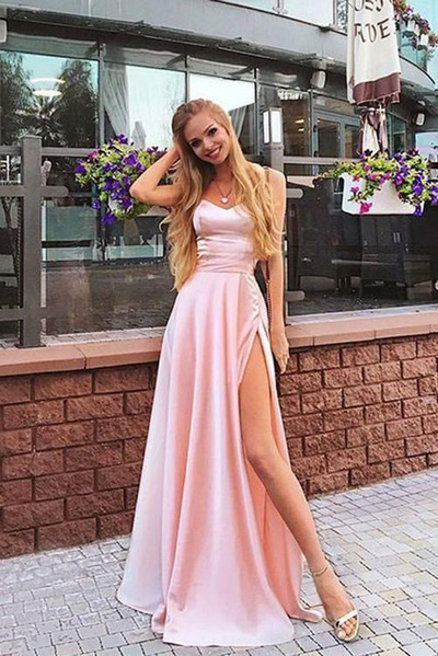 SP1257,Elegant A Line Sweetheart Spaghetti Straps Chiffon Slit Pink Long Prom Dresses