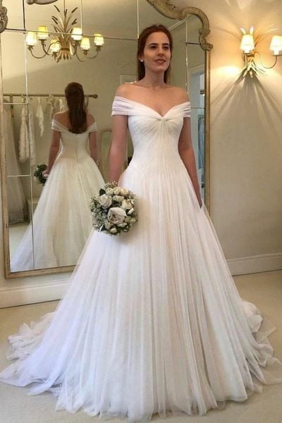 SP1270,Pleated wedding dress Off-the-shoulder wedding dress Ivory Wedding Gowns Tulle Skirt