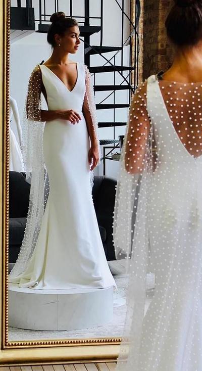 SP1271,White Sheath Wedding Dresses,Pearl Beading Bridal Gown,V-Neck Mermaid Wedding Bridal Dresses