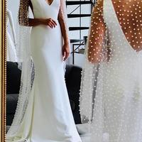 SP1271,White Sheath Wedding Dresses,Pearl Beading Bridal Gown,V-Neck Mermaid Wedding Bridal Dresses - Thumbnail 1