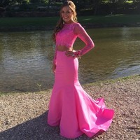 SP1283,Two Pieces Prom Dress,Pink Prom Dress,Mermaid Prom Dress,Lace Prom Dress,Long Sleeves Prom Dress,Party Prom Dress,Custom Made Prom Dress - Thumbnail 1