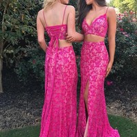 SP1286,Two Piece Fuchsia Lace Split Prom Dress,Mermaid Spaghetti Straps Prom Gown,Sexy Party Dresses - Thumbnail 1