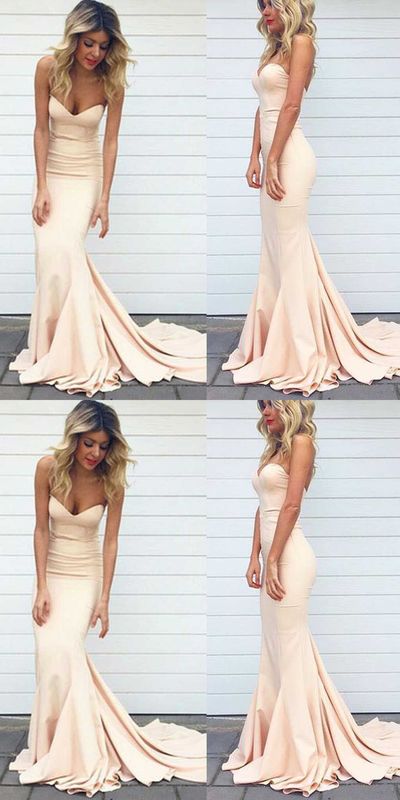 SP1292,Stylish Champagne Mermaid Sweetheart Sleeveless Sweep Train Prom Dress