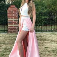 SP1282,A-Line Halter Satin Party Dresses,Lace Sleeveless Red Two Pieces Prom Dresses - Thumbnail 1