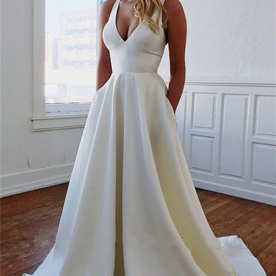 Sp1260,elegant white v neck satin long prom dress with pockets,white evening dress,bow back formal dress