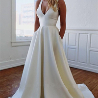 SP1260,Elegant White V Neck Satin Long Prom Dress with Pockets,White Evening Dress,Bow Back Formal Dress - Thumbnail 1