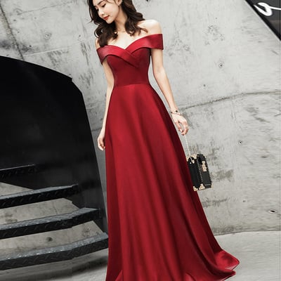 Burgundy satin long prom dress cute evening dress