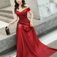 Burgundy satin long prom dress cute evening dress - Thumbnail 2