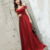 Burgundy satin long prom dress cute evening dress - Thumbnail 5