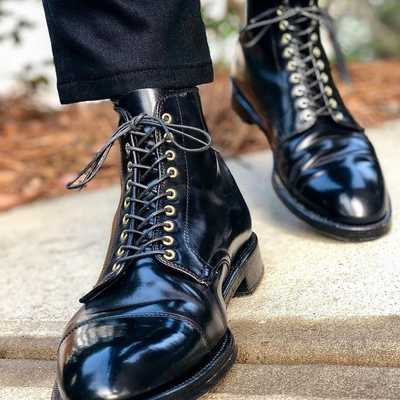 Handmade black leather boot men's dress designer cap toe lace up boot - Thumbnail 2