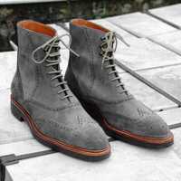 Handmade Gray Suede Boot Men's Dress Designer Wing Tip Lace Up Boot - Thumbnail 1