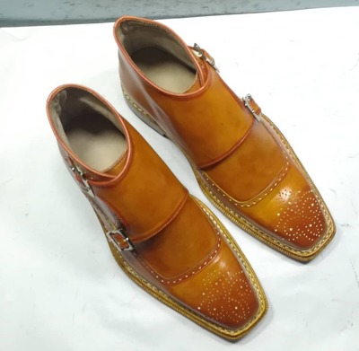 Men's Handmade Tan Square Toe Leather Double Monk Oxford Dress Shoes