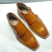 Men's Handmade Tan Square Toe Leather Double Monk Oxford Dress Shoes - Thumbnail 1