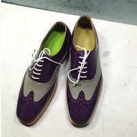 Men's Handmade Purple & Gray Wing Tip Leather Lace Up Oxford Dress Shoes - Thumbnail 1