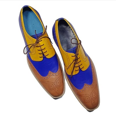 Men's handmade multi color wing tip leather lace up oxford dress shoes - Thumbnail 2