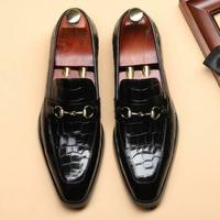Handmade Men Black Alligator Texture Leather Moccasin Shoes, slip on Shoes - Thumbnail 1
