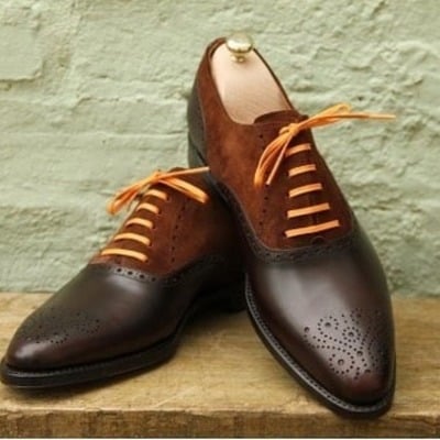 Men's handmade brown brogue toe leather suede lace up oxford dress shoes - Thumbnail 2
