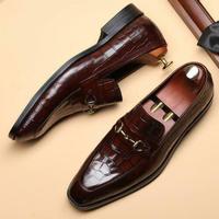 Handmade Men Brown Alligator Texture Leather Moccasin Shoes, slip on Shoes - Thumbnail 4