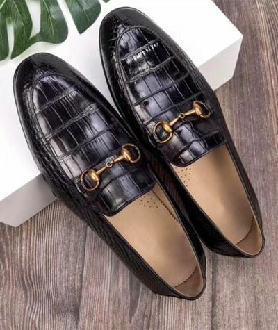 Handmade Men Crocodile Texture Black Leather Moccasin Shoes, Loafer Shoes