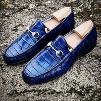 Stylish Blue Crocodile Texture Leather Moccasin Shoes for Men, Men Loafer Shoes - Thumbnail 4
