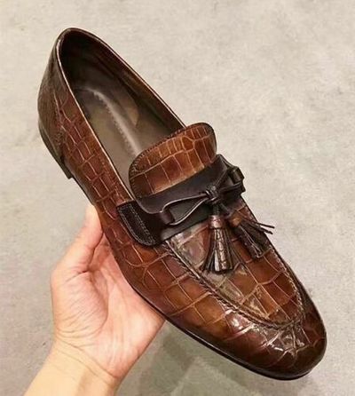 Handmade Brown Alligator Texture Leather Moccasin Shoes with tassels,dress shoes