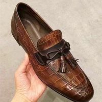 Handmade Brown Alligator Texture Leather Moccasin Shoes with tassels,dress shoes - Thumbnail 4